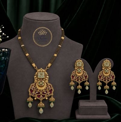Divine Jewellery Antique Gold Plated Mangalsutra Pendant Set with Meenakari Work & Matching Statement Earrings
