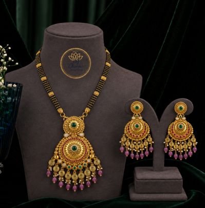 Divine Jewellery Antique Gold Plated Designer Mangalsutra Set with Circular Pendant, Green & Ruby Stone Work and Matching Chandbali Earrings