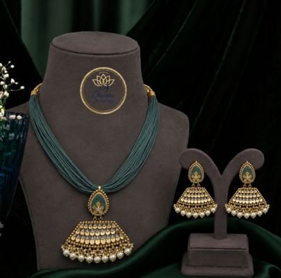 Divine Jewellery Antique Gold Plated Green Thread Necklace Set with Pearl Jhumka Earrings | Traditional 92.5 Silver Base Jewellery