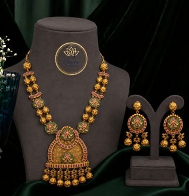 Divine Jewellery Antique Gold Plated Floral Pendant Necklace Set with Meenakari Work & Matching Earrings | Traditional 92.5 Silver Base Jewellery