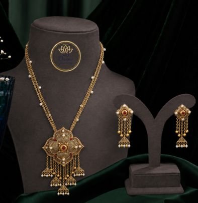 Divine Jewellery Antique Gold Plated Statement Pendant Necklace Set with Pearl Accents & Matching Earrings | Traditional 92.5 Silver Base Jewellery