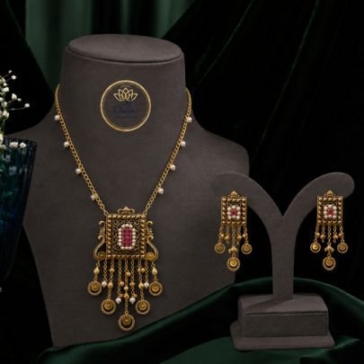 Divine Jewellery Antique Gold Plated Ruby Stone Pendant Necklace Set with Matching Dangler Earrings | Traditional 92.5 Silver Base Jewellery