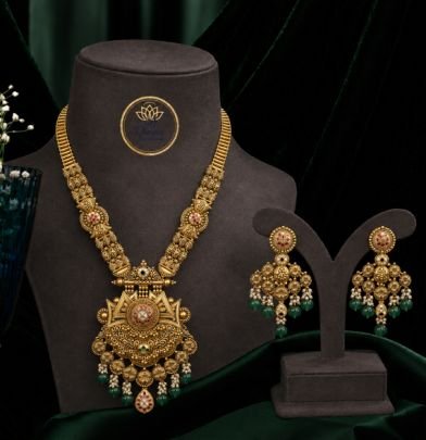 Divine Jewellery Antique Gold Plated Temple Pendant Necklace Set with Green Bead Drops & Matching Chandbali Earrings | Traditional 92.5 Silver Base Je