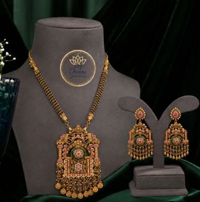 Divine Jewellery Antique Gold Plated Mangalsutra Pendant Set with Pink Meenakari Work & Matching Earrings | Traditional 92.5 Silver Base Jewellery