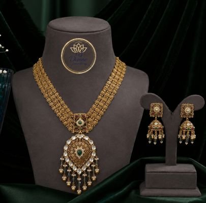Divine Jewellery Antique Gold Plated Kundan Pendant Necklace Set with Green Stone & Matching Jhumka Earrings | Traditional 92.5 Silver Base Jewellery
