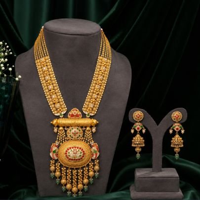 Divine Jewellery Antique Gold Plated Bridal Temple Necklace Set with Meenakari Work & Matching Jhumka Earrings | Traditional 92.5 Silver Base Jeweller