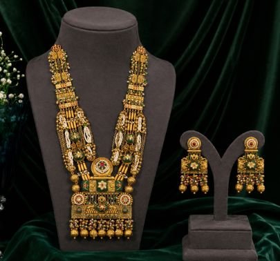 Divine Jewellery Antique Gold Plated Heritage Long Haram Necklace Set with Green Meenakari Work & Matching Earrings | Traditional 92.5 Silver Base Jew
