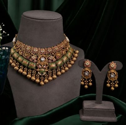 Divine Jewellery Antique Gold-Plated Silver Choker Necklace Set for Women | Green Meenakari & Kundan Bridal Jewellery with Earrings