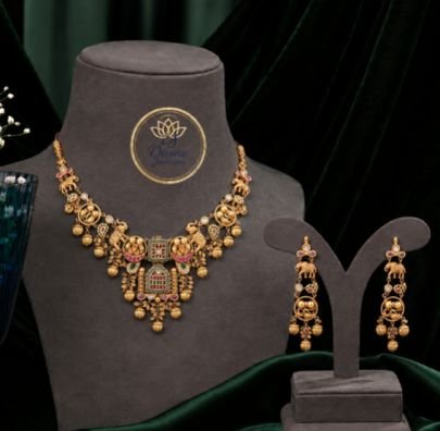 Divine Jewellery Antique Gold Plated Silver Temple Necklace Set with Matching Dangler Earrings for Women