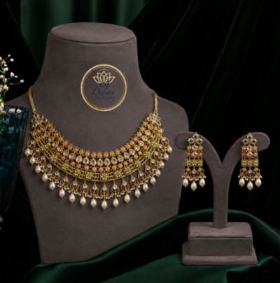 Divine Jewellery Antique Gold Plated Choker Necklace Set for Women | Green Stone & Pearl Drop Traditional Necklace with Matching Earrings | Bridal Wed