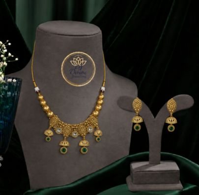 Divine Jewellery Antique Gold Plated Necklace Set for Women | Traditional Temple Jewelry with Green Stone Pendant & Matching Earrings | Ethnic Bridal,