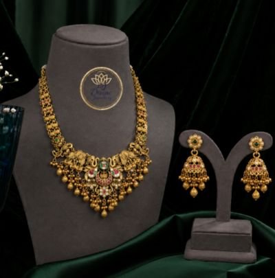 Divine Jewellery Antique Gold Plated Temple Necklace Set for Women with Earrings | Traditional South Indian Ethnic Jewellery | Bridal, Wedding, Festiv