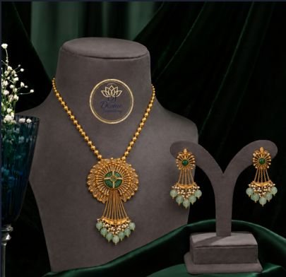 Divine Jewellery Antique Green Stone Pendant Necklace Set with Earrings for Women | 92.5 Silver Gold Plated Jewellery