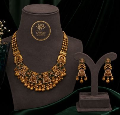 Divine Jewellery Antique Green Meenakari Gold-Plated 92.5 Silver Traditional Necklace Set with Earrings