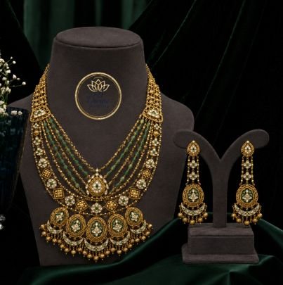 Divine Jewellery Antique Green Stone Layered Necklace Set with Earrings (92.5 Silver Gold Plated)