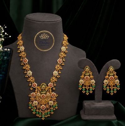 Divine Jewellery Antique Green Floral Pendant Necklace Set with Earrings (92.5 Silver Gold Plated)