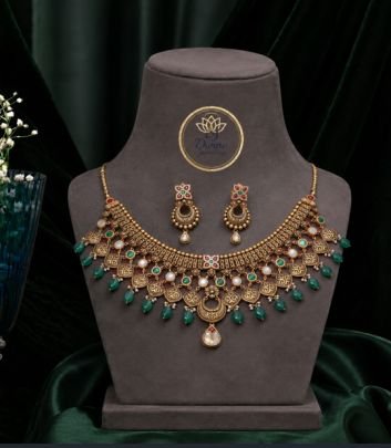 Divine Jewellery Antique Green Beaded Choker Necklace Set with Earrings (92.5 Silver Gold Plated)