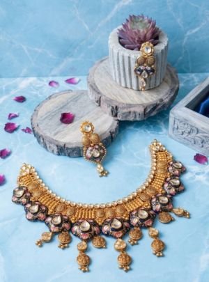 Divine Jewellery Antique Kundan Floral Choker Necklace Set with Pearl Detailing