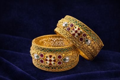 Divine Jewellery Antique Kundan Bridal Bangles Set with Meenakari Detailing in 92.5 Silver with Gold Plating
