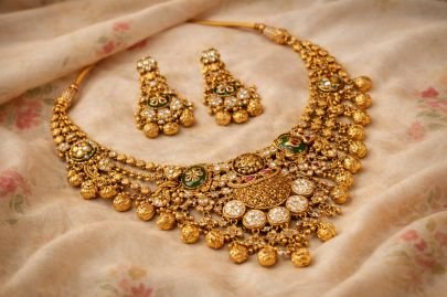 Divine Jewellery Antique Kundan Meenakari Choker Set with Pearl Drops & Temple Detailing in 92.5 Silver with Gold Plating