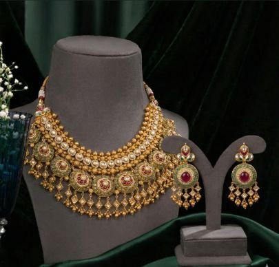 Divine Jewellery Antique Kundan 92.5 Silver Gold Plated Choker Necklace Set with Multicolor Stones and Matching Earrings