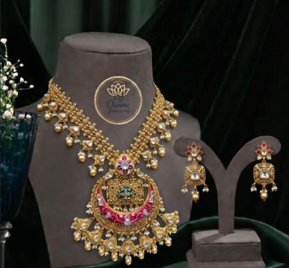 Divine Jewellery Antique Kundan Pendant Necklace Set with Earrings for Women | Gold Plated 92.5 Silver Bridal Jewellery