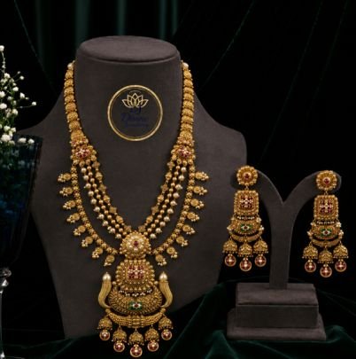 Divine Jewellery Antique Layered Temple Necklace Set for Women | 92.5 Silver Gold Plated Bridal Haram with Designer Earrings