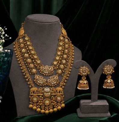 Divine Jewellery Antique Layered Temple Haram Necklace Set with Jhumka Earrings for Women | Gold Plated Silver Bridal Jewellery