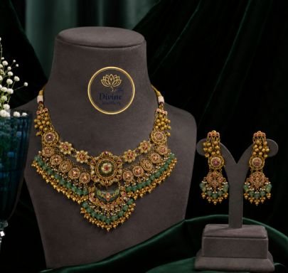 Divine Jewellery Antique Layered Necklace Set with Long Earrings for Women | Gold Plated Silver Bridal Jewellery