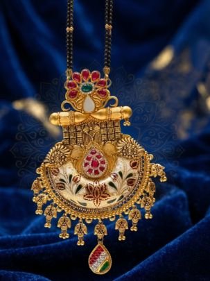Divine Jewellery Antique Meenakari Temple Mangalsutra with Floral Ruby Emerald Pendant