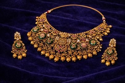 Divine Jewellery Antique Meenakari Temple Choker Set with Kundan Detailing & Hanging Beads in 92.5 Silver with Gold Plating