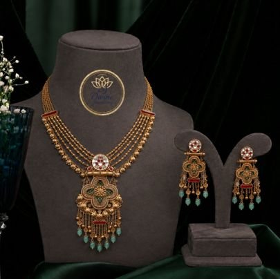 Divine Jewellery Antique Multi-Layer Pendant Necklace Set with Earrings (92.5 Silver Gold Plated)