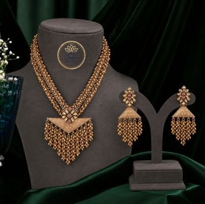 Divine Jewellery Antique Multi-Layer Necklace Set with Fringe Pendant & Statement Earrings | Gold Plated 92.5 Silver Heritage Jewellery