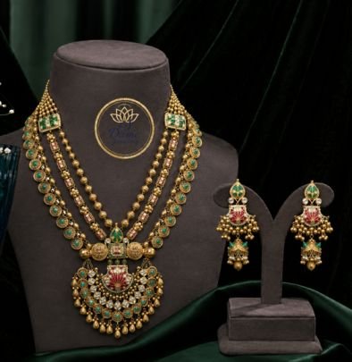 Divine Jewellery Antique Multilayer Temple Necklace Set with Earrings | 92.5 Silver Gold Plated Bridal Heritage Jewellery