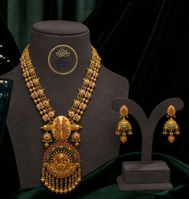 Divine Jewellery Antique Peacock Pendant Long Necklace Set with Jhumka Earrings | Gold Plated 92.5 Silver Rajwadi Bridal Jewellery