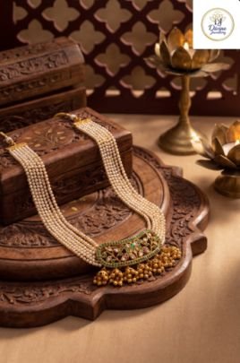 Divine Jewellery Antique Pearl Multi-String Choker with Green Kundan Floral Panel & Jhumka Drops in 92.5 Silver with Gold Plating