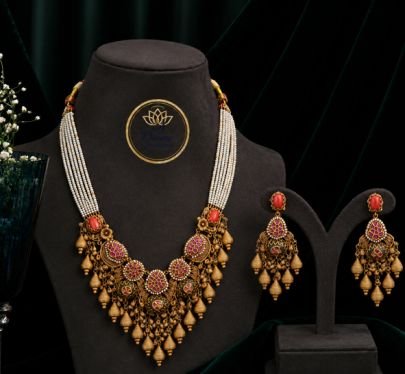 Divine Jewellery Antique Pearl Layer Necklace Set for Women | 92.5 Silver Gold Plated Bridal Statement Necklace with Earrings