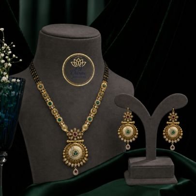 Divine Jewellery Antique Pendant Necklace Set with Earrings for Women | 92.5 Silver Gold Plated Traditional Ethnic Jewellery