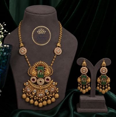 Divine Jewellery Antique Rajwadi Temple Pendant Necklace Set with Matching Earrings | Gold Plated 92.5 Silver Heritage Jewellery