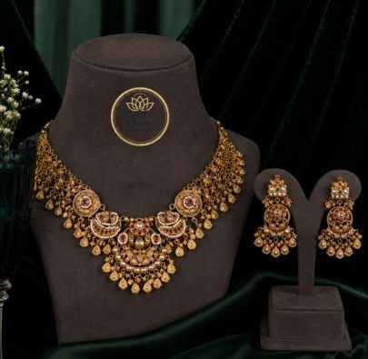 Divine Jewellery Antique Royal Gold Plated Silver Necklace Set with Statement Earrings