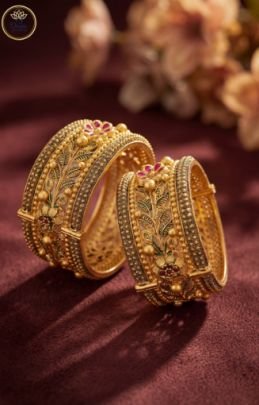 Divine Jewellery Antique Temple Floral Kada Bangle Set with Ruby Stone Detailing