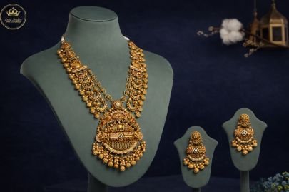 Divine Jewellery Antique Temple Bridal Necklace Set with Lakshmi Pendant and Coin Drops