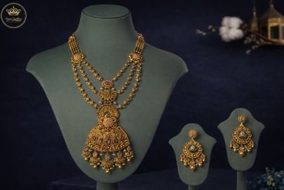 Divine Jewellery Antique Temple Bridal Necklace Set with Ruby Stone Pendant and Layered Chains