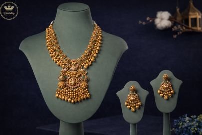Divine Jewellery Antique Temple Bridal Necklace Set with Lakshmi Pendant and Gold Bead Drops