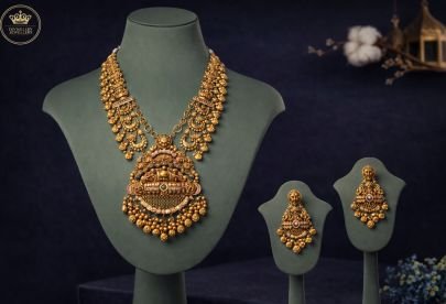 Divine Jewellery Antique Temple Bridal Necklace Set with Lakshmi Pendant and Gold Bead Drops