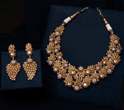 Divine Jewellery Antique Temple Floral Necklace Set with Layered Leaf Motifs