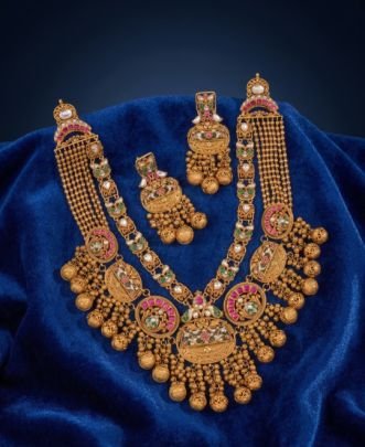 Divine Jewellery Antique Temple Heritage Necklace Set with Kundan Stones, Ruby Enamel Accents and Gold Bead Tassels