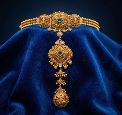 Divine Jewellery Antique Temple Hand Pocha with Heritage Pendant Chain and Emerald Ruby Accents