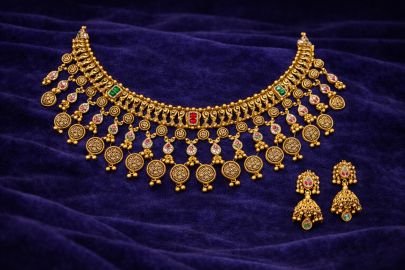 Divine Jewellery Antique Temple Coin Choker Necklace Set with Ruby Emerald Accents and Traditional Jhumka Earrings