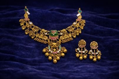 Divine Jewellery Antique Temple Goddess Necklace Set with Lakshmi Motifs, Ruby Emerald Accents and Traditional Jhumka Earrings